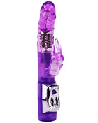 Lila durchsichtiger plastikrabbit vibrator mit silberner metallbasis und bedienknopf von baie us super sex rabbit