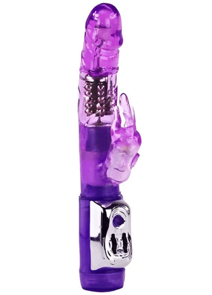 Lila durchsichtiger plastikrabbit vibrator mit silberner metallbasis und bedienknopf von baie us super sex rabbit