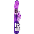 Lila durchsichtiger plastikrabbit vibrator mit silberner metallbasis und bedienknopf von baie us super sex rabbit