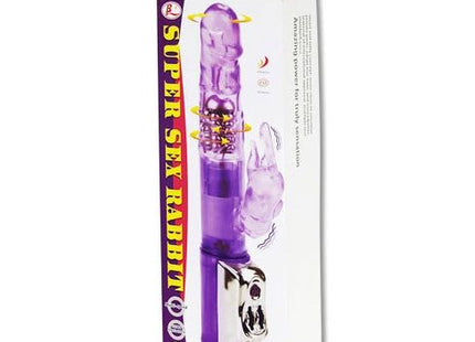 Baile us super sex rabbit ist ein erwachsenen spielzeug aus durchsichtigem lila kunststoff mit silberner metallbasis und gelben akzenten