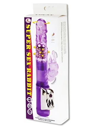 Baile us super sex rabbit ist ein erwachsenen spielzeug aus durchsichtigem lila kunststoff mit silberner metallbasis und gelben akzenten