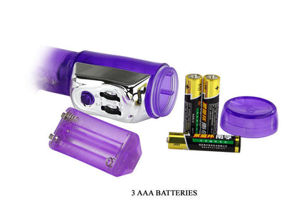 Lila plastikvibrator mit silbernem metallischem bedienfeld und lila batteriefachkappe baile us super sex rabbit