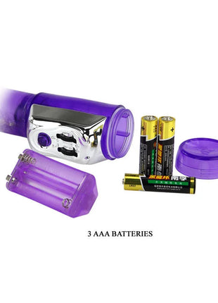 Lila plastikvibrator mit silbernem metallischem bedienfeld und lila batteriefachkappe baile us super sex rabbit