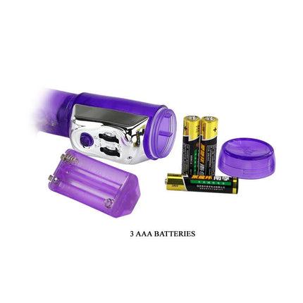Lila plastikvibrator mit silbernem metallischem bedienfeld und lila batteriefachkappe baile us super sex rabbit
