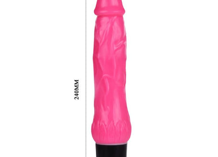 Ein leuchtend pinker 240 mm langer vibrator mit strukturierter oberfläche und schwarzer basis von baile