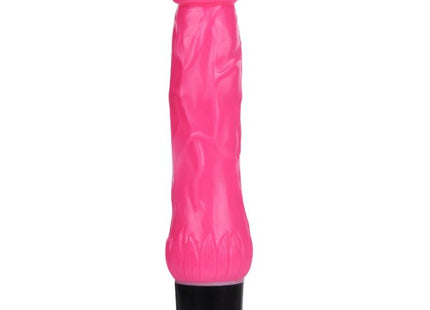 Ein vibrierendes rosa silikonspielzeug von baile mit gerillter oberfläche und schwarzer basis mit rotem knopf