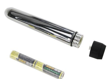 Shiny chrome-plated cylindrical vibrator with threaded end cap and black rubberized grip from baile