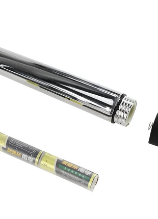 Shiny chrome-plated cylindrical vibrator with threaded end cap and black rubberized grip from baile