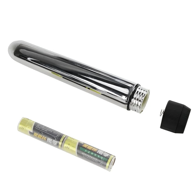 Shiny chrome-plated cylindrical vibrator with threaded end cap and black rubberized grip from baile