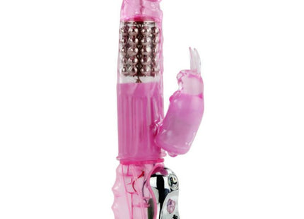 Pink transparenter rabbit vibrator aus kunststoff mit metallischem silberbedienelement und mehrfachem rotationsmodus