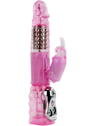 Pink transparenter rabbit vibrator aus kunststoff mit metallischem silberbedienelement und mehrfachem rotationsmodus