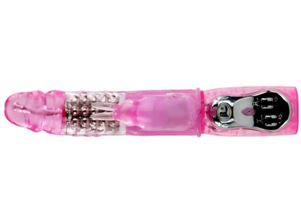 Pink transparenter vibrator mit rotation und rabbit aus kunststoff mit sichtbaren perlen und silbernem bedienfeld