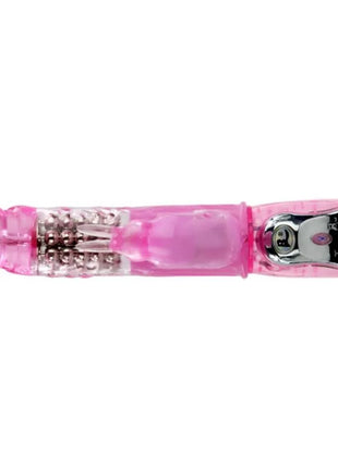 Pink transparenter vibrator mit rotation und rabbit aus kunststoff mit sichtbaren perlen und silbernem bedienfeld