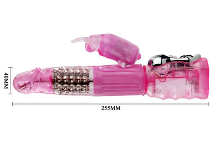 Pink transparenter rabbit-vibrator aus plastik mit silbernem metallkopf und strukturierter griffigkeit von baile