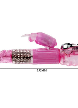 Pink transparenter rabbit-vibrator aus plastik mit silbernem metallkopf und strukturierter griffigkeit von baile