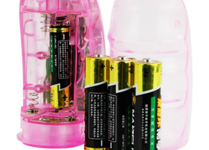 Baile vibrator mit rotation und rabbit in pink translucentem plastik mit aa batteriefach und drei gelb-schwarzen aaa batterien
