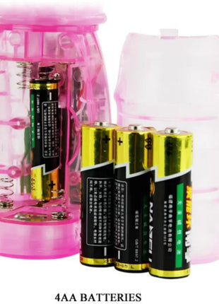 Baile vibrator mit rotation und rabbit in pink translucentem plastik mit aa batteriefach und drei gelb-schwarzen aaa batterien