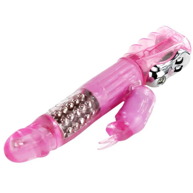 Baile vibrator mit rotation und rabbit in rosa transluzentem kunststoff mit silbernen kugeln und chromkopf