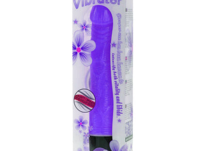 Lila Silikon-Vibrator in blumiger Verpackung.