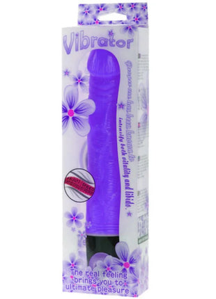 Lila Silikon-Vibrator in blumiger Verpackung.
