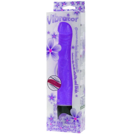 Lila Silikon-Vibrator in blumiger Verpackung.
