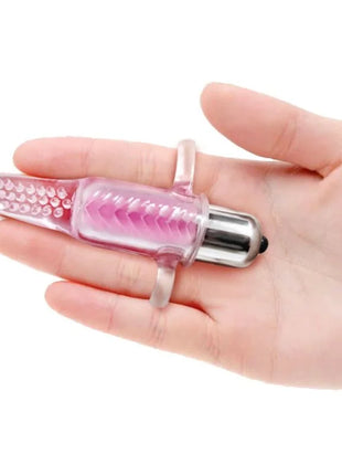 Baile vibrofingerstimulator pink transparenter silikonfinger vibrator mit silbernem akkufach und strukturierten rindern