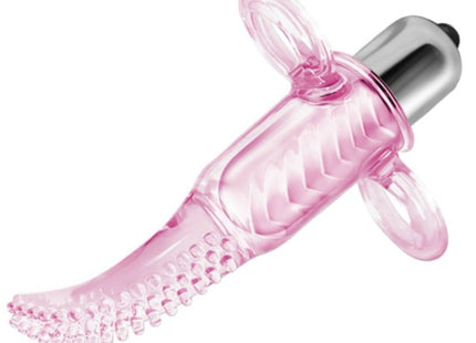 Pink transparenter silikon vibrofingerstimulator mit silberner metallbasis und zwei klaren ringgriffen