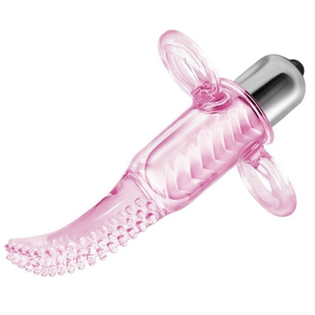 Pink transparenter silikon vibrofingerstimulator mit silberner metallbasis und zwei klaren ringgriffen
