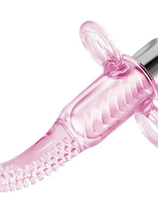 Pink transparenter silikon vibrofingerstimulator mit silberner metallbasis und zwei klaren ringgriffen