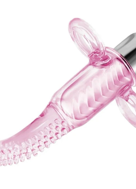 Pink transparenter silikon vibrofingerstimulator mit silberner metallbasis und zwei klaren ringgriffen