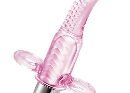 Baile vibrofingerstimulator aus durchsichtigem pinkem silikon mit gebogenem, strukturiertem kopf und zwei klaren schlaufengriffen