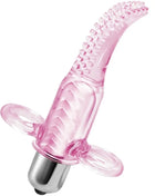 Baile vibrofingerstimulator aus durchsichtigem pinkem silikon mit gebogenem, strukturiertem kopf und zwei klaren schlaufengriffen