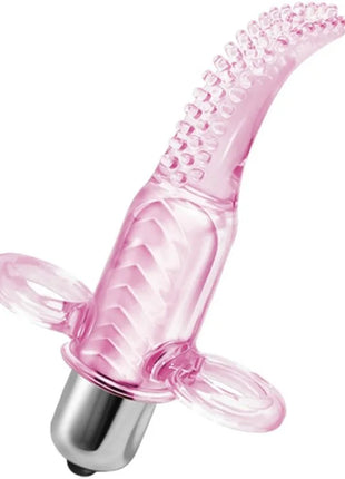 Baile vibrofingerstimulator aus durchsichtigem pinkem silikon mit gebogenem, strukturiertem kopf und zwei klaren schlaufengriffen