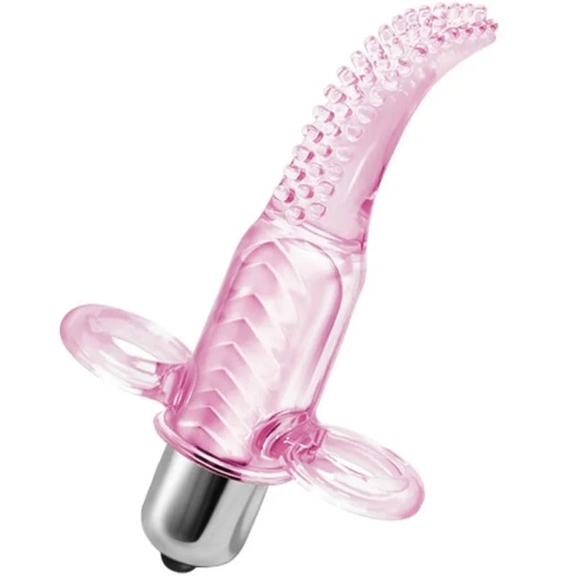 Baile vibrofingerstimulator aus durchsichtigem pinkem silikon mit gebogenem, strukturiertem kopf und zwei klaren schlaufengriffen