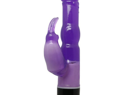 Lila silikonvibrator in kaninchenform mit schwarzer basis und lila knopfen von baile 23 cm lang