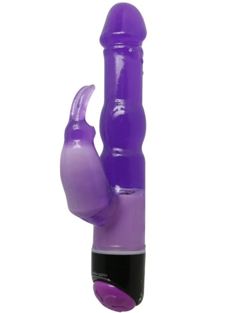 Lila silikonvibrator in kaninchenform mit schwarzer basis und lila knopfen von baile 23 cm lang