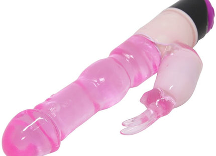 Baile waves of pleasure fantasy vibrator mit kaninchen 23 cm pink translucent silikon mit schwarzem-lila griff und kleiner kloenchenappel
