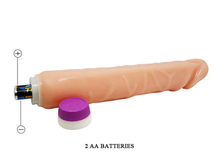 Peachfarbener silikonvibrator mit lila kappe und aa batterien inklusive aus der serie baile wellen des vergnügens