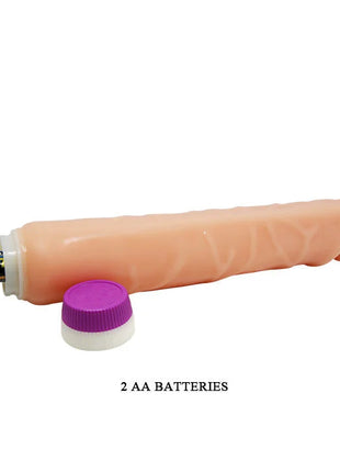 Peachfarbener silikonvibrator mit lila kappe und aa batterien inklusive aus der serie baile wellen des vergnügens