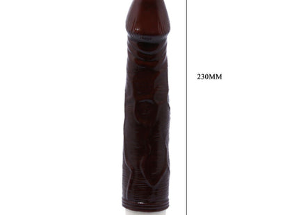 Brauner glänzender plastikdildo mit strukturierten rillen und weißer basis mit lila ring 23 cm von baile