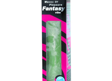 Ein grüner, durchsichtiger silikonvibrator wellen des vergnügens 23 cm in pinker und schwarzer verpackung