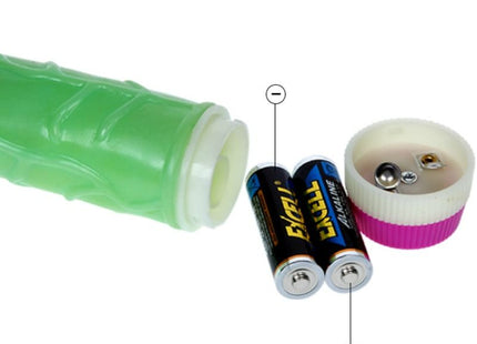 Grüner textured plastic vibrator 23 cm von baile mit weißem und pinkem deckel und zwei eagle aa batterien