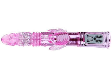 Rosa transluzenter wiederaufladbarer vibrator aus plastik mit klarem, strukturiertem kopf und dekorativen schmetterlingsflügeln