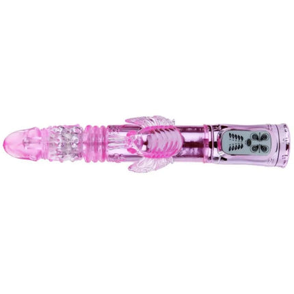 Rosa transluzenter wiederaufladbarer vibrator aus plastik mit klarem, strukturiertem kopf und dekorativen schmetterlingsflügeln