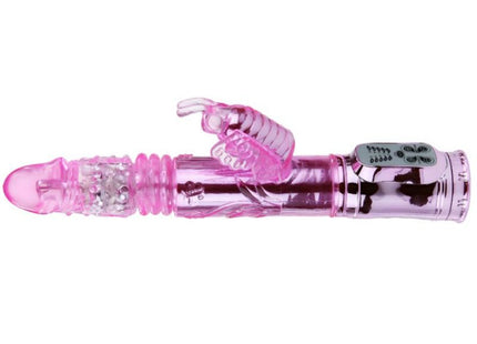 Pink transparenter plastik vibrator in kaninchenform mit silberner metallbasis und rotations- und pochendem schmetterlingsstimulator