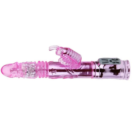Pink transparenter plastik vibrator in kaninchenform mit silberner metallbasis und rotations- und pochendem schmetterlingsstimulator