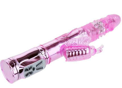 Pink transparenter kunststoffvibrator mit metallic pinkem griff und bedienfeld von baile mit rotation und pochendem schmetterlingsstimulator