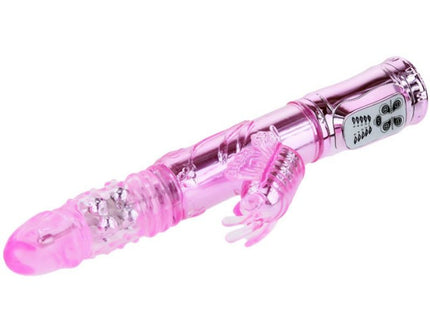 Pink transparenter baile vibrator aus kunststoff mit silbernem bedienfeld und schmetterlingsstimulator