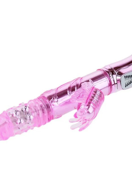 Pink transparenter baile vibrator aus kunststoff mit silbernem bedienfeld und schmetterlingsstimulator