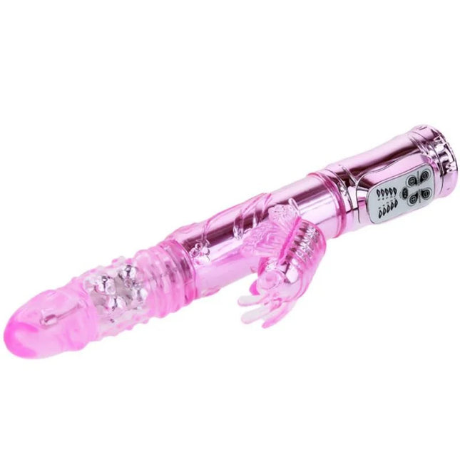 Pink transparenter baile vibrator aus kunststoff mit silbernem bedienfeld und schmetterlingsstimulator